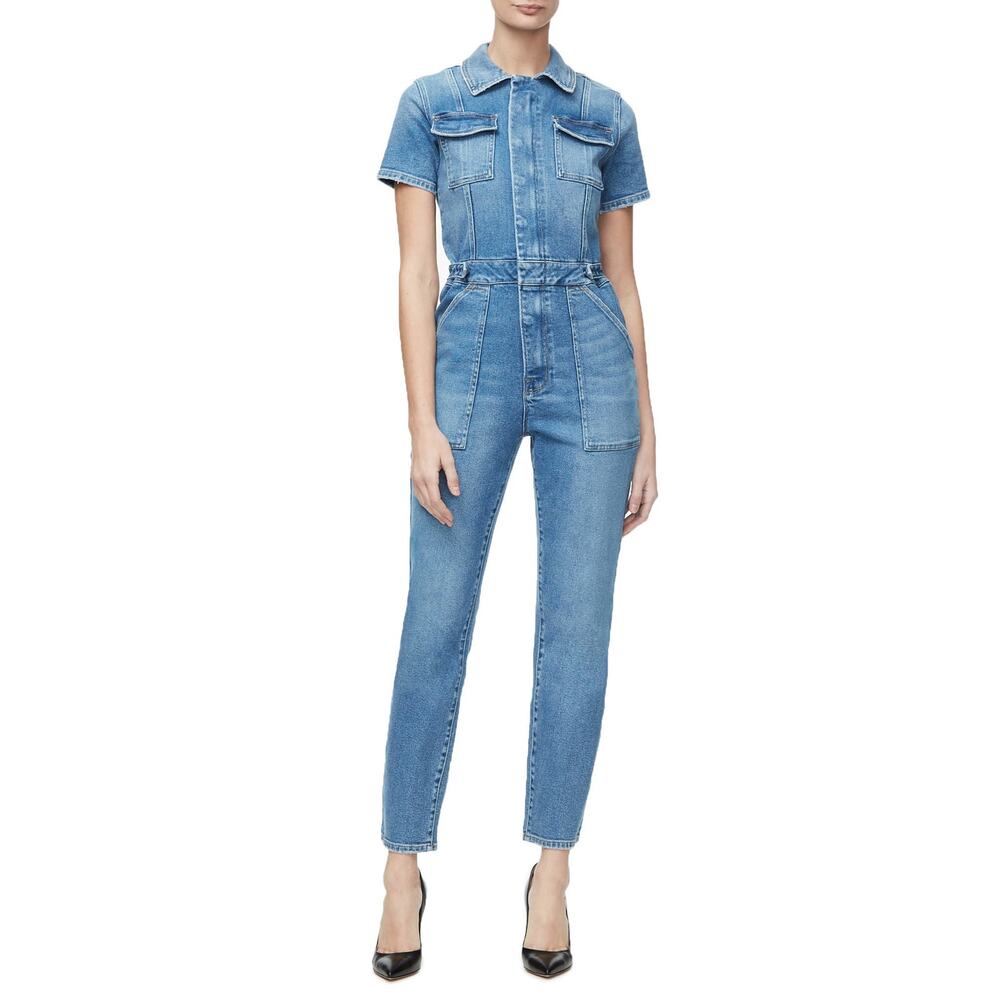 Good American Denim Blue Cotton Military Bodycon Jumpsuit Size 2